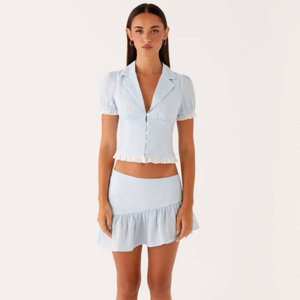 Peppermayo Exclusive - Bennett Button Up Top + Mini Skirt - Blue White Stripe